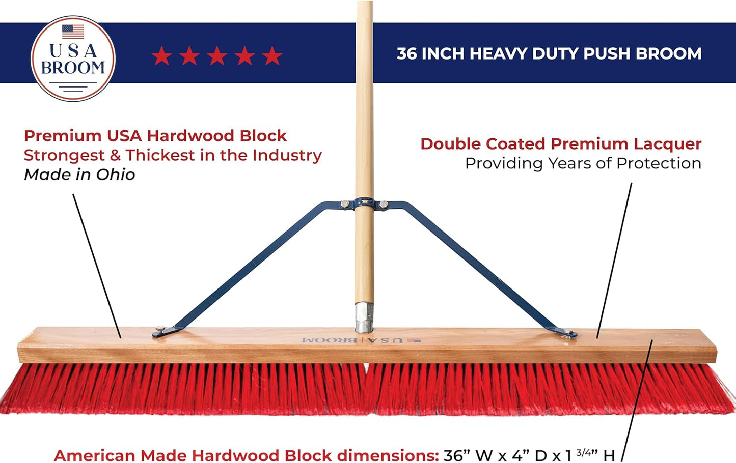 USA Broom 36" Everyday Sweep Indoor/Outdoor Push Broom with 60" Handle. Ideal for Garages & Shops. Durable American Made Steel Brackets-All Stainless Steel Hardware. No Plastic. 100% Made in The USA.
