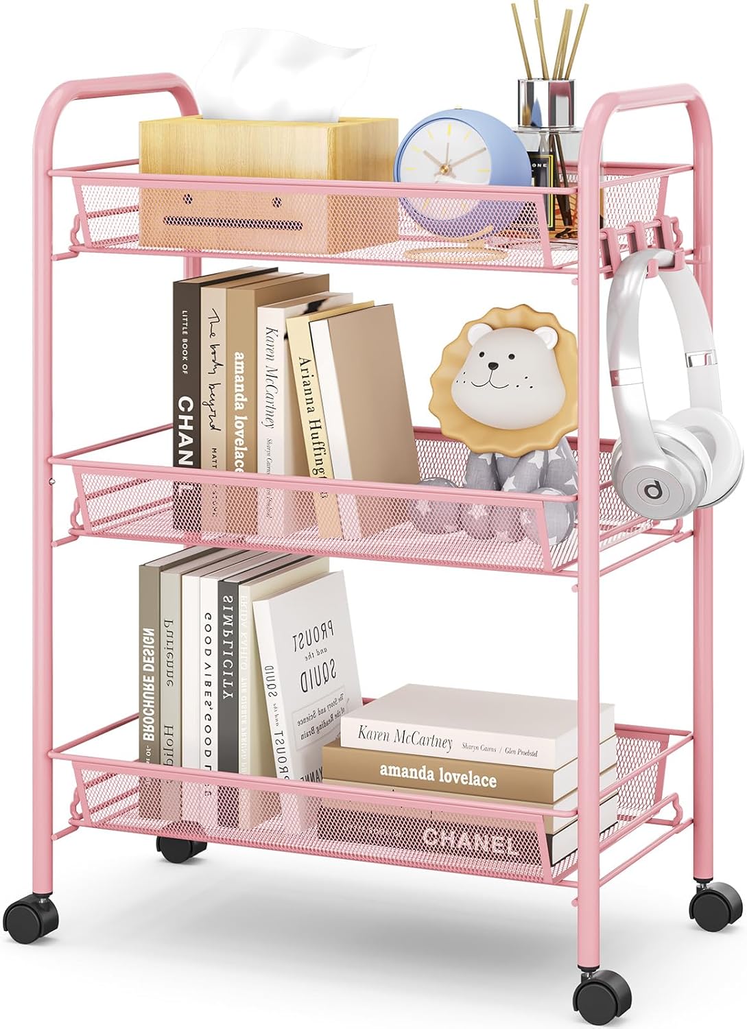 TOOLF 3 Tier Rolling Utility Cart - Durable Metal Design Pink Utility Cart, Storage Trolley on Wheels with 3 Hooks, Perfect for Kitchen, Bathroom & Laundry Room Organization