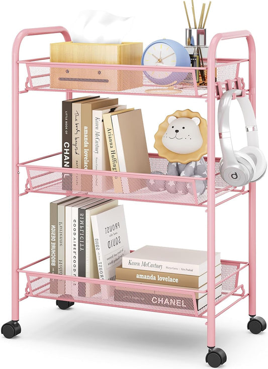 TOOLF 3 Tier Rolling Utility Cart - Durable Metal Design Pink Utility Cart, Storage Trolley on Wheels with 3 Hooks, Perfect for Kitchen, Bathroom & Laundry Room Organization