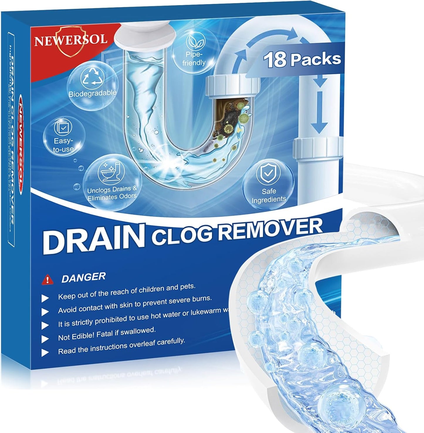 Drain Clog Remover 18 Packs Fast Acting Drain Cleaner Powders for Kitchen Sink Bathroom Shower Bathtub Powerful Pipe Unclogger Clears hair Grease Safe for Pipes