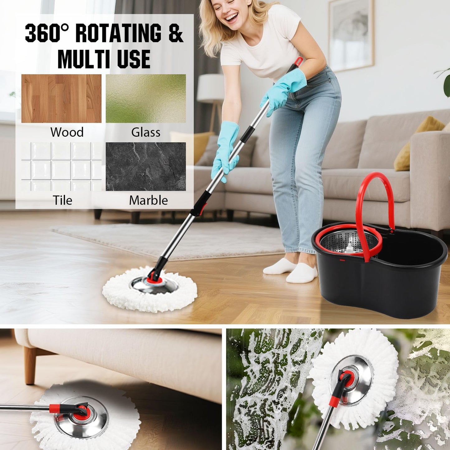 Spin Mop and Bucket with Wringer Set, 3 Microfiber Mop Heads, 51" Handle
