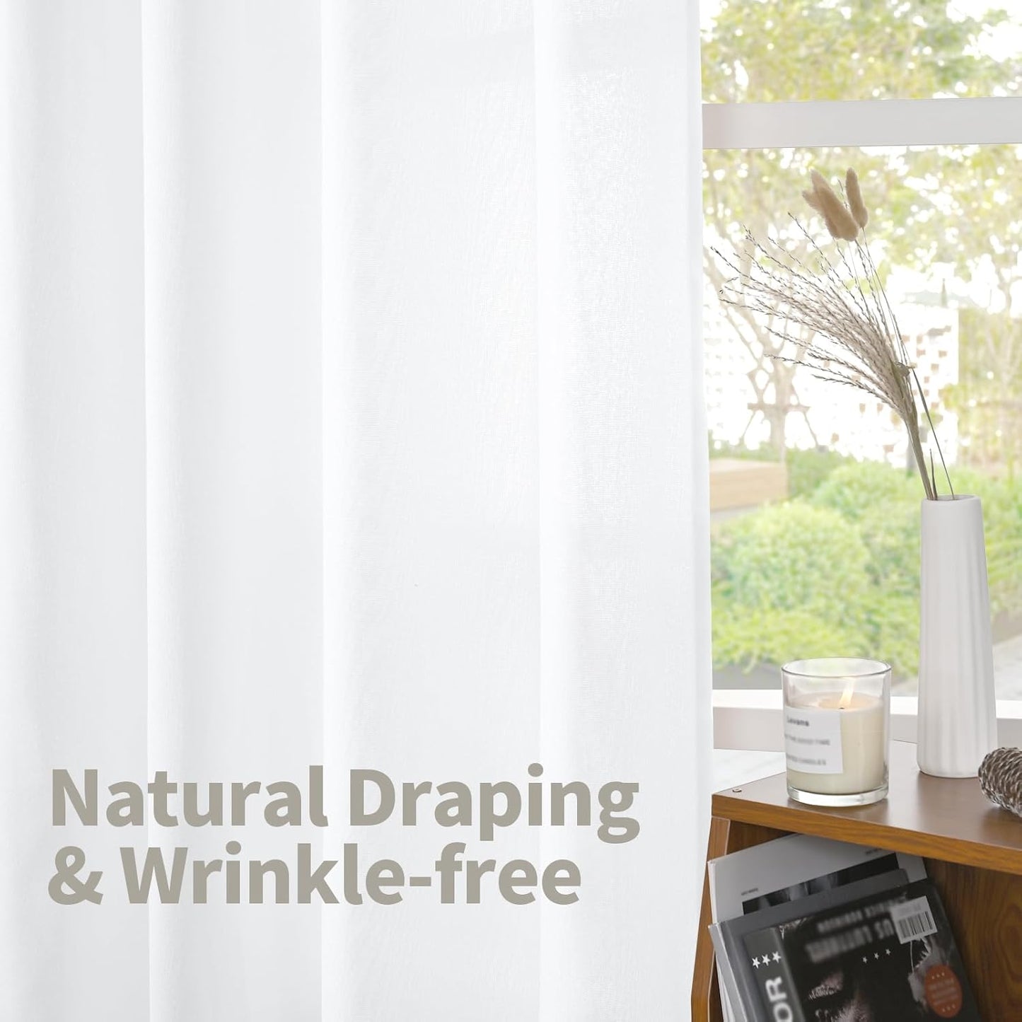 YoungsTex 40 Inch Length White Linen Curtains for Kitchen Window, Rod Pocket Short Semi Sheer Drapes Light Filtering for Bathroom Bedroom Back Tab Small Curtain, 42 X 40 Inch, 2 Panels