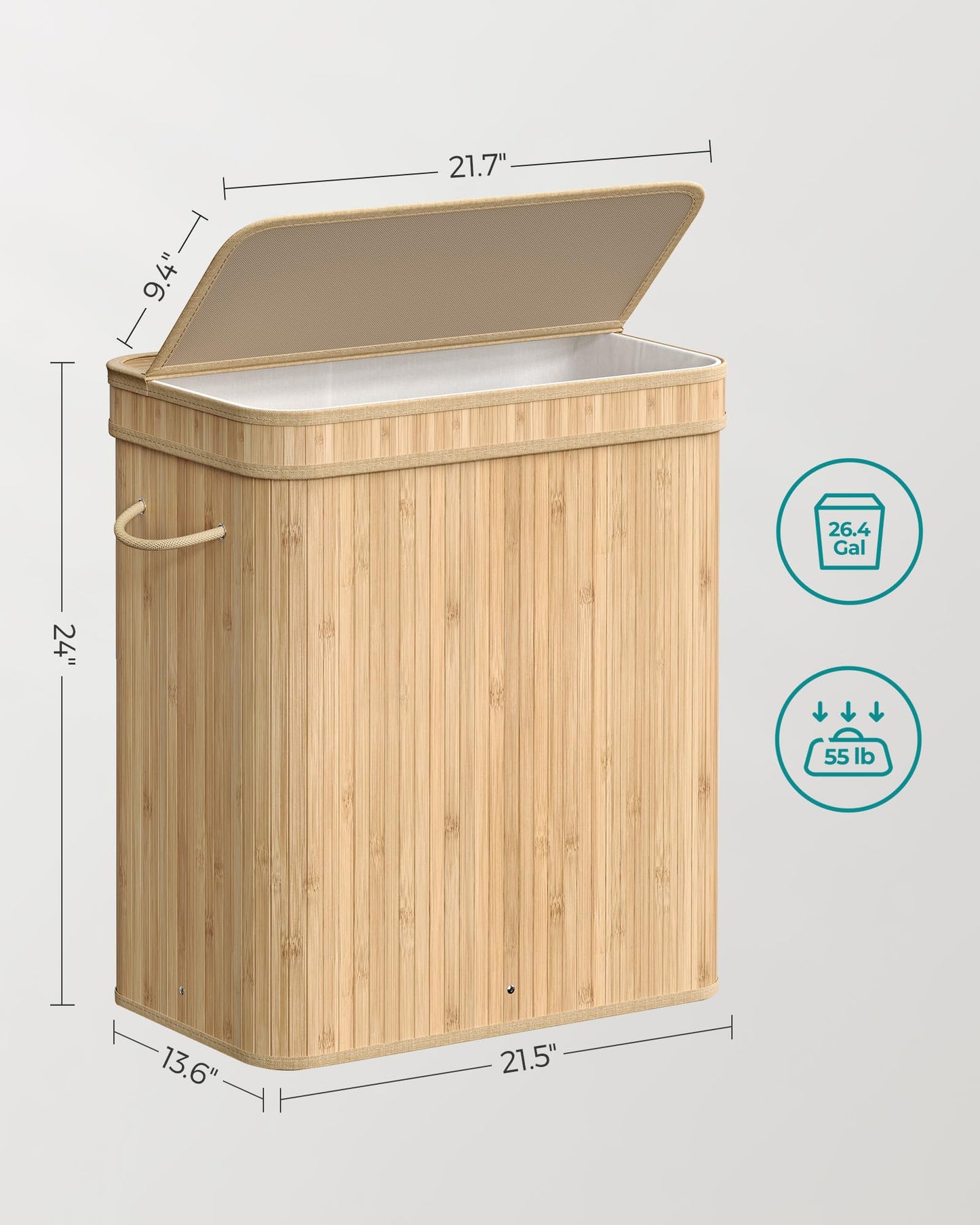 SONGMICS Bamboo Laundry Hamper with Lid, 26.4-Gallons, with Handles