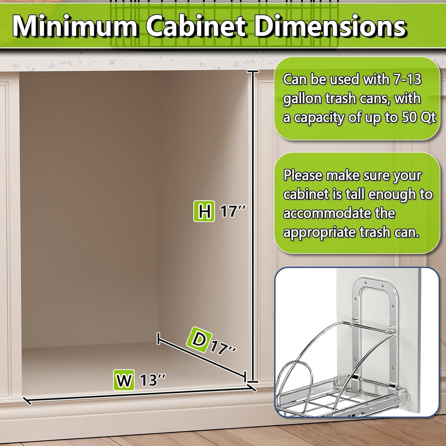 Pull Out Trash Can Slide Rail Under Cabinet 7-13 Gallon 50 Qt Under Sink Trash Can Pull Out Trash Can for Kitchen Cabinets Slide Out Garbage Bin Under Counter, No Can Include (Silver)