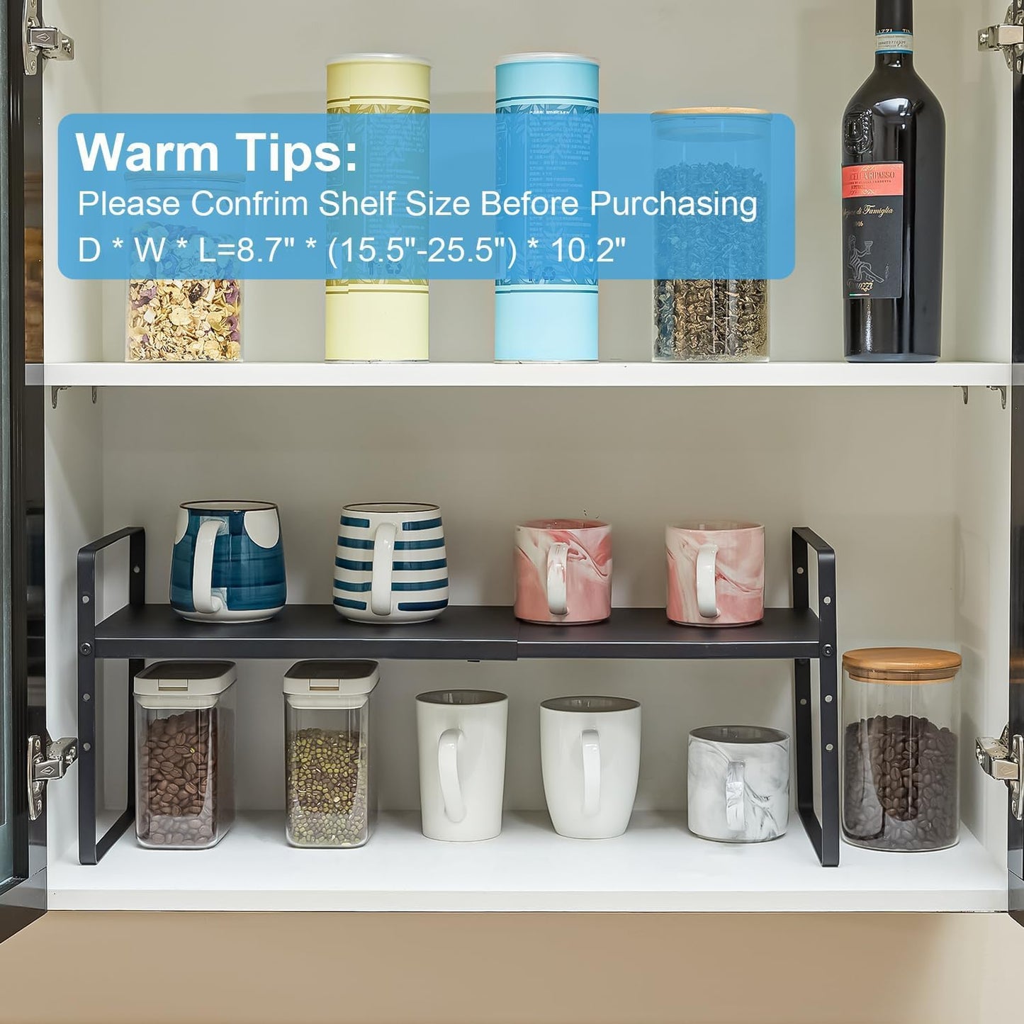 15.5 to 25.5 Inch Expandable Kitchen Cabinet Organizer Shelf, 2 Pack 30 LBS Heavy Duty Adjustable