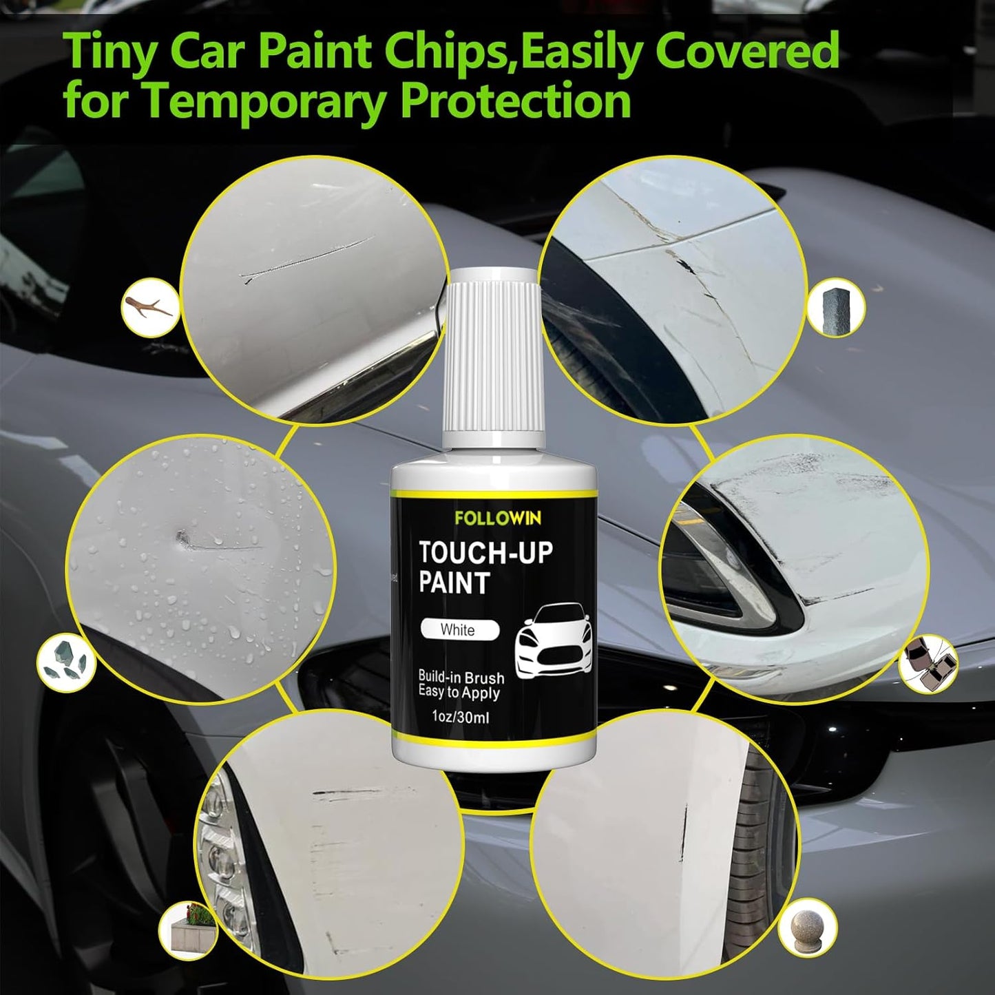 FOLLOWIN White Touch Up Paint for Cars, Car Paint Scratch Repair,Built-in Brush Auto Paints 1OZ(30ml)