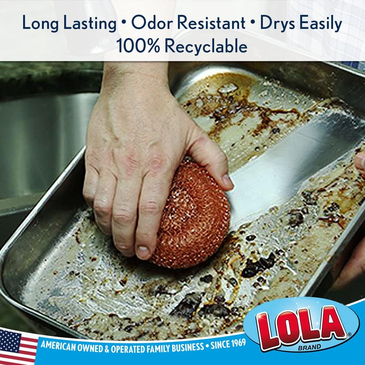 Copper Mesh Scouring Pad by LOLA, 144 Pack, 45 Grams, 4" Heavy Duty Cleaning Pads, Copper Coated Knitted Wire Mesh, Recyclable, Cleans Baked On Messes