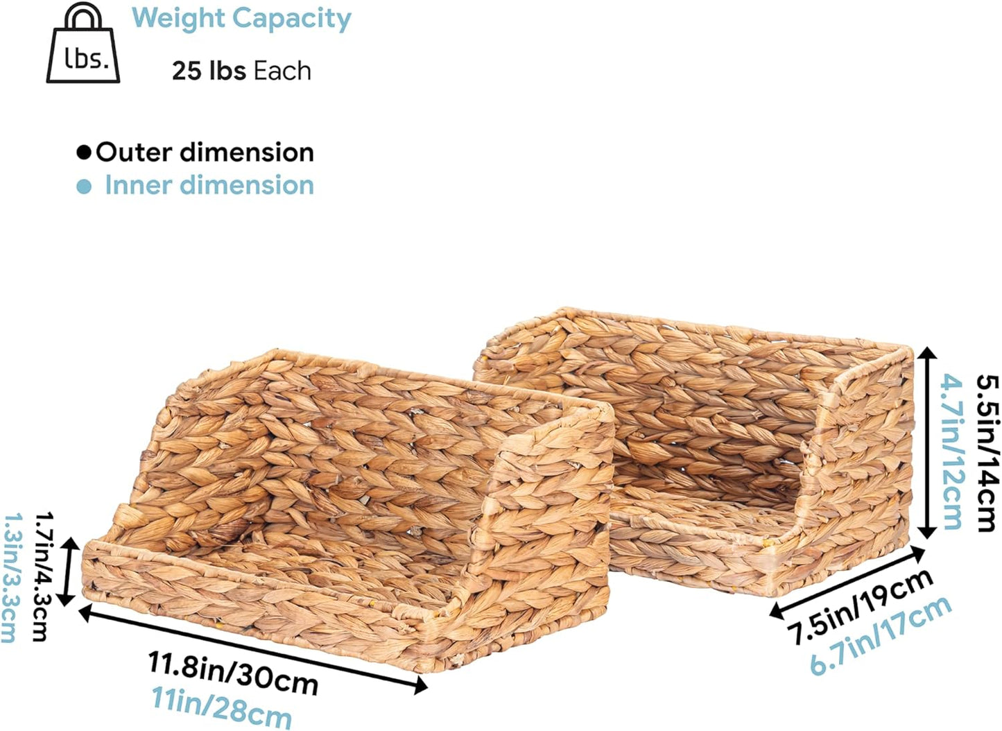 VATIMA Water Hyacinth Storage Baskets for Organizing, Medium Open-Front Wicker Basket for Kitchen, for Shelves, 11.8” x 7.5” x 5.5”, 2 Pack