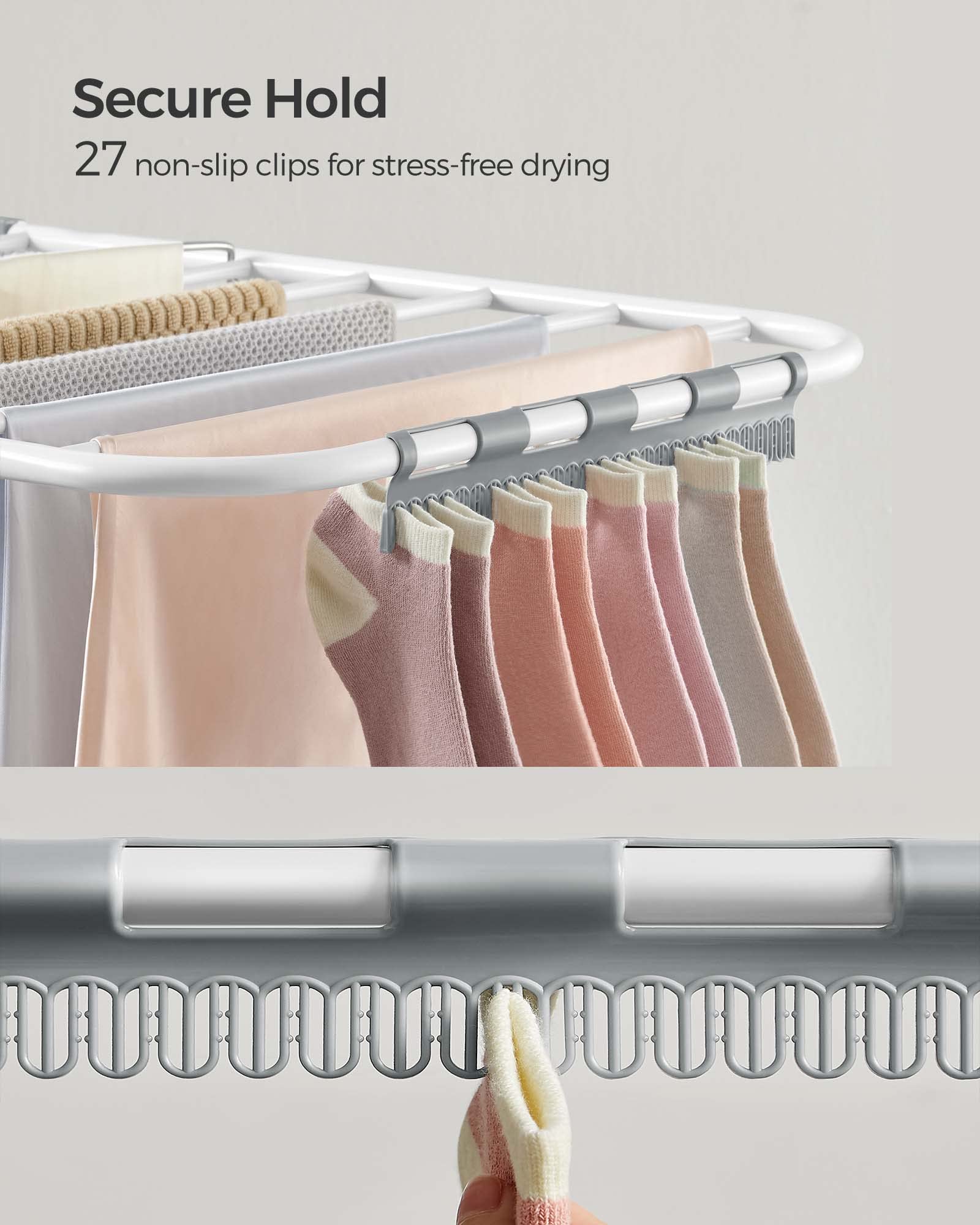 SONGMICS Clothes Drying Rack, with Sock Clips, Metal Laundry Rack, Foldable, Space-Saving