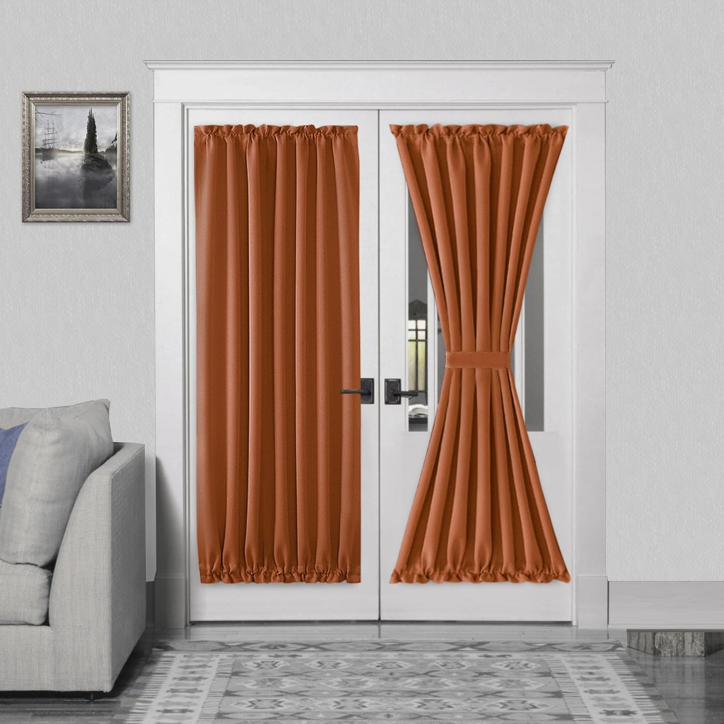 DWCN French Door Curtains – Rod Pocket Thermal Blackout Curtain for Doors with Glass Window, Kitchen and Patio Doors for Privacy, 54 X 72 Inches Long, 1 Curtain Panel with Tieback,Burnt Ochre