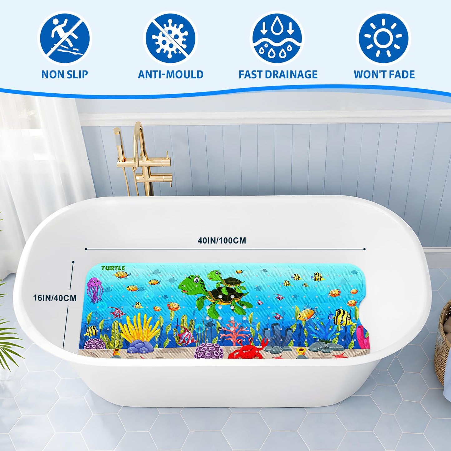 XIYUNTE Baby Bath Mat for Tub Non Slip, BPA Free Extra Long Bathtub Mat Non Slip 40x16 with Drain