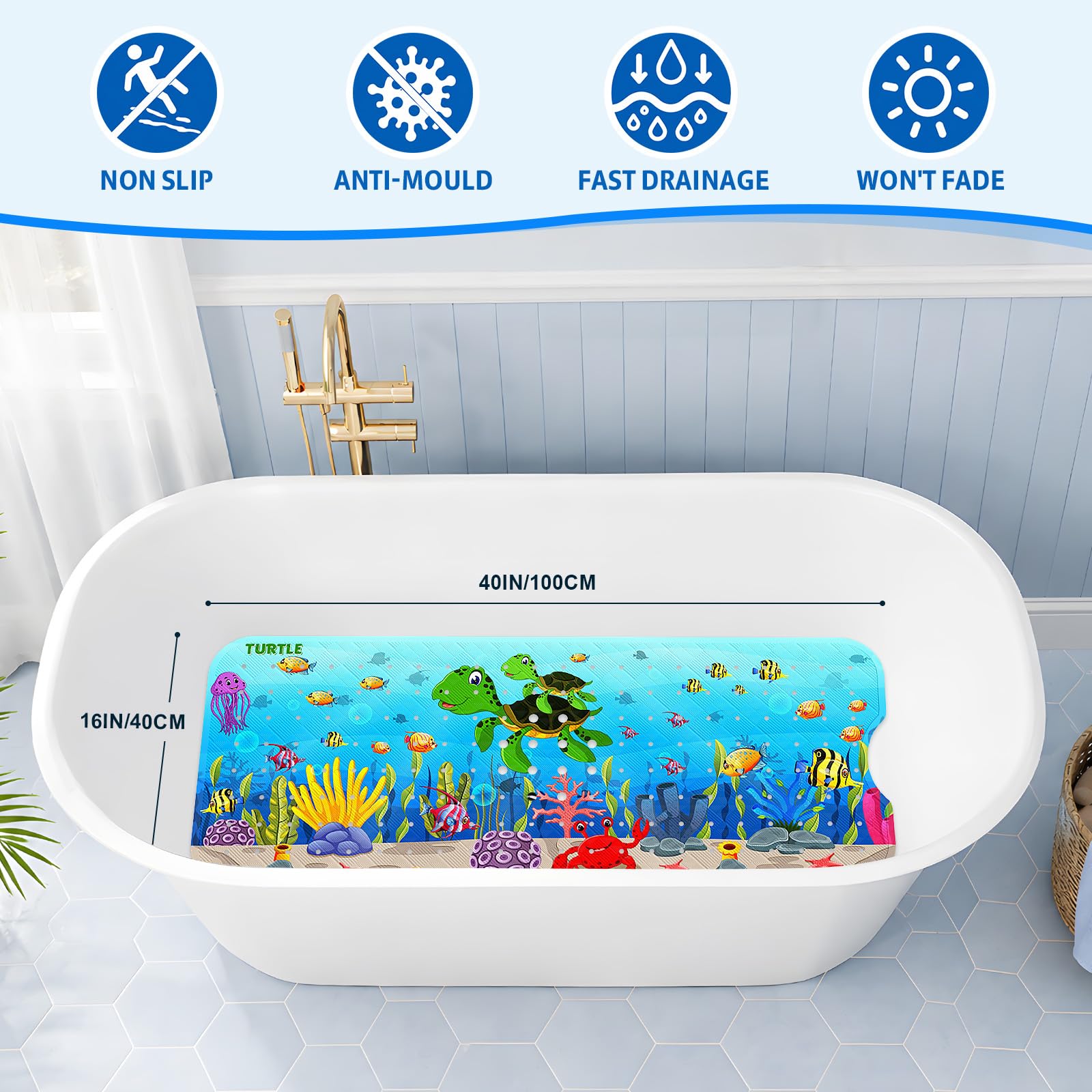 XIYUNTE Baby Bath Mat for Tub Non Slip, BPA Free Extra Long Bathtub Mat Non Slip 40x16 with Drain