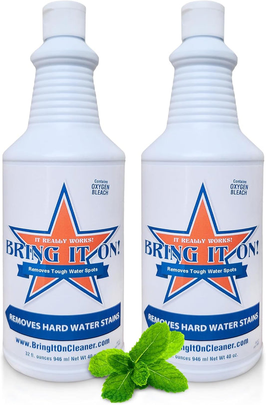 Bring It On Cleaner Hard Water Stain Remover for Glass, Soap Scum remover for Shower glass, Fiberglass, Windows, Tile & Grout, Water Spot Remover for Glass Door Bathroom, Lime Scale & Sink 32Oz 2Pack