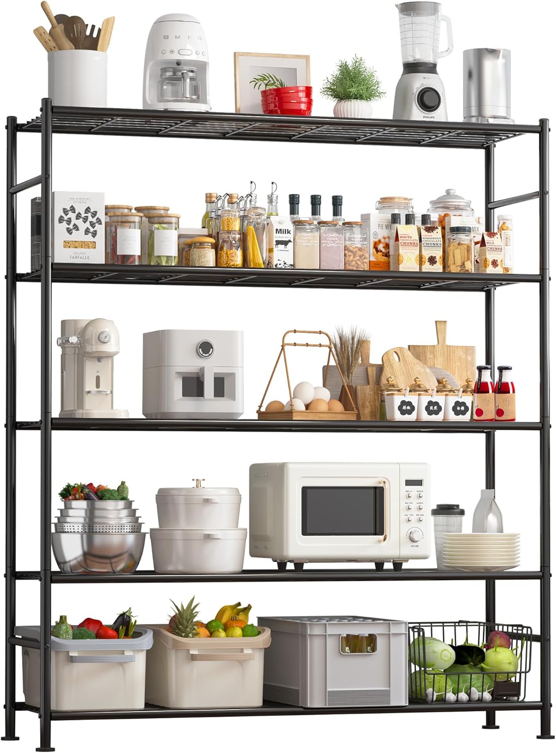Storage Shelves - 5 Tier Shelf Organizer, Sturdy Metal Garage Shelving with Adjustable Leveling Feet, Space-Saving Shelves Organizer for Pantry, Laundry, Kitchen (47" x 12" x 60", Black)