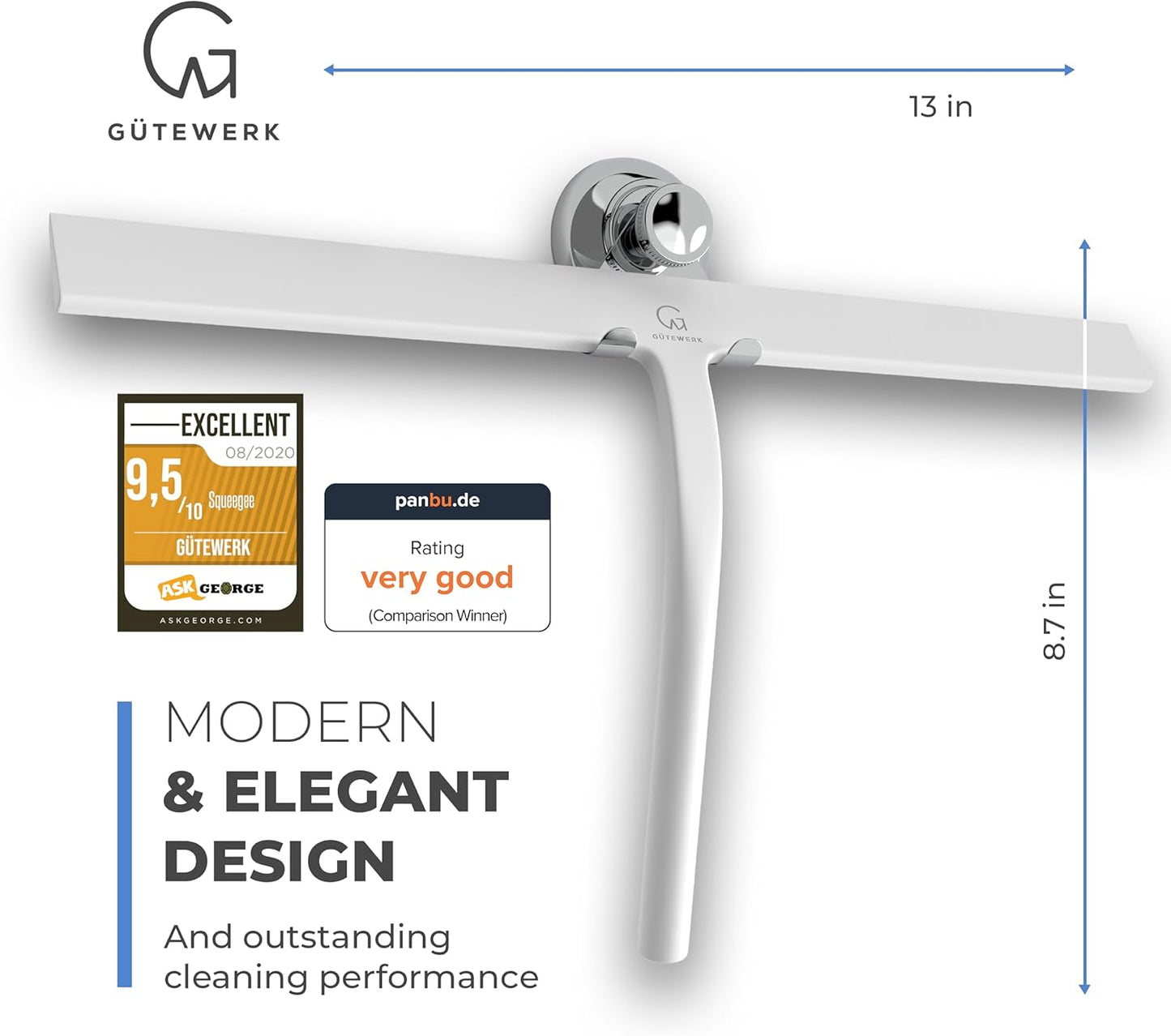 GÜTEWERK Shower Squeegee for Glass Doors, Silicone Window Squeegee, Bathroom and Glass Cleaning - White - 13 Inch