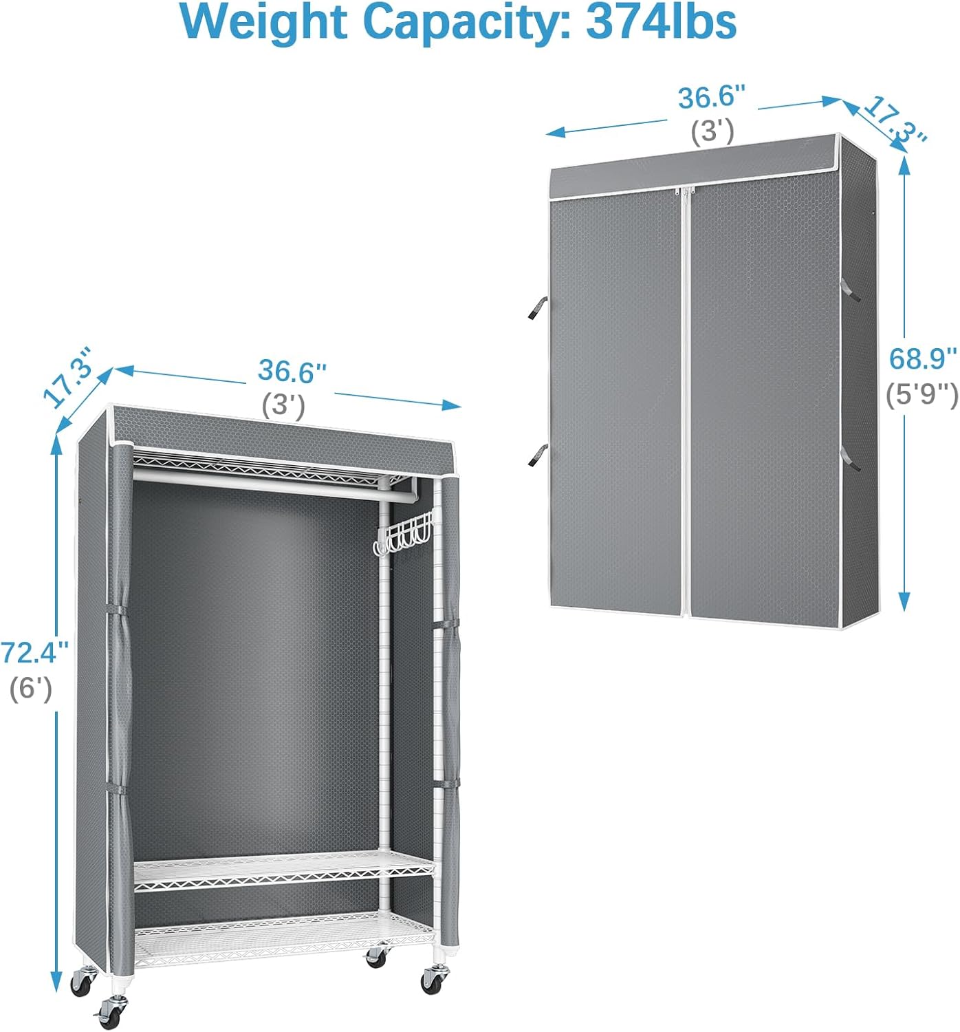 VIPEK R3C Portable Closet with Cover - Heavy Duty Freestanding Clothes Rack with Wheels & Hanging Rod & Side Hooks, 36.6" Lx17.3 Wx72.4 H, White Rack with Grey Upgraded Polyester Cover