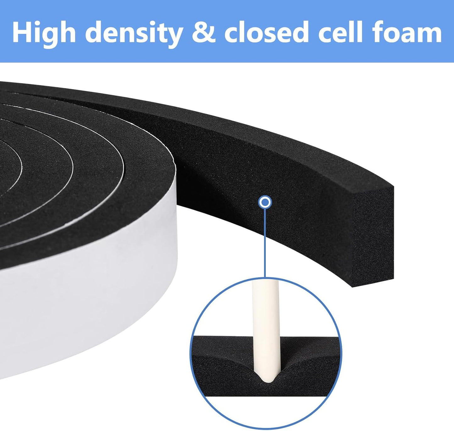 Weather Stripping Door Seal Strip- 1/2 Inch X 1/4 Inch X 16Feet, Strong Adhesive, Lightproof, Soundproof, Weatherproof Foam Tape Insulation for Sliding Door, Front Door Frame, Windows- Black