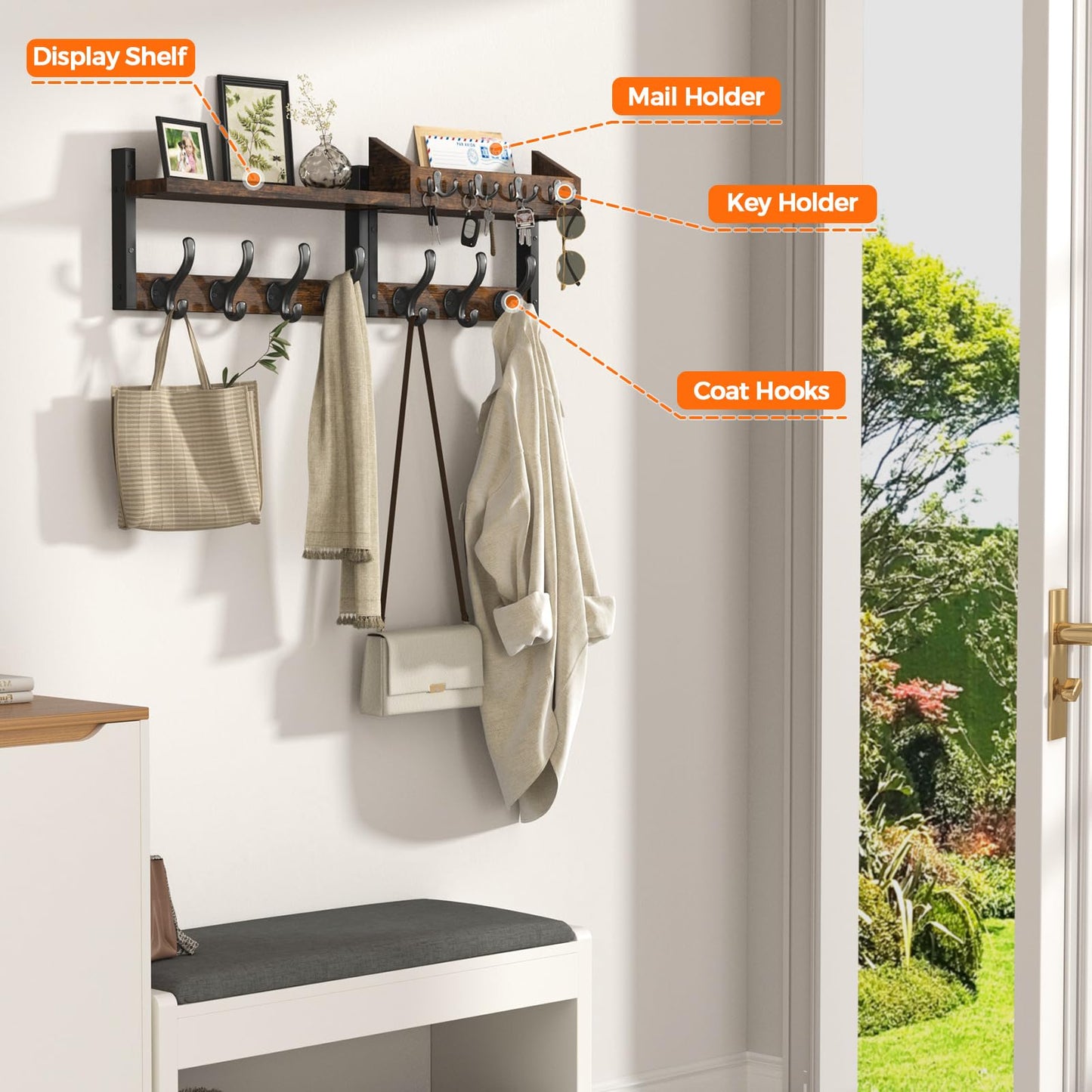 Evermagin 29" Coat Rack Wall Mount with Shelf for Entryway, Rustic Brown