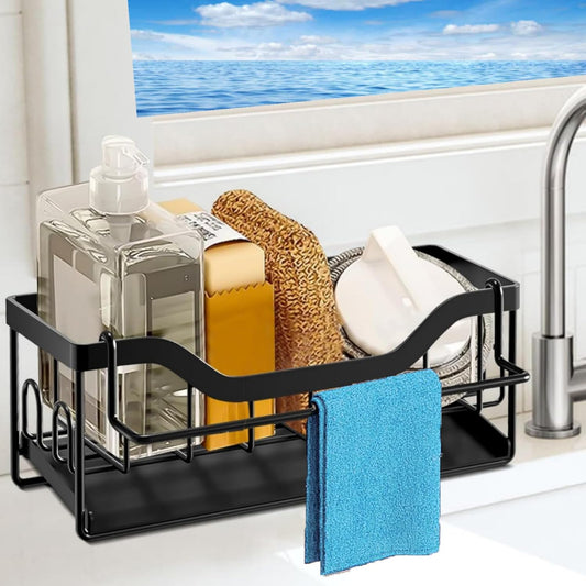 Sponge Holder for Kitchen Sink - Sink Caddy Organizer with Auto Drain Tray, Detachable Towel Rack, Stainless Steel Kitchen Counter Organizer Rack, Black