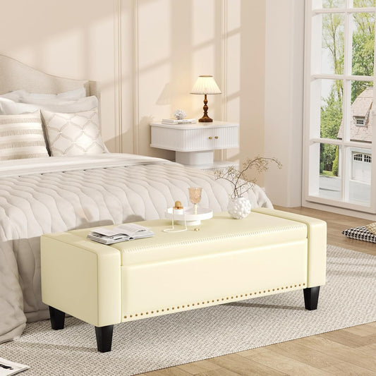 48.8" Storage Ottoman Bench Cream White | Faux Leather Bedroom Bench with Lift Top for Living Room