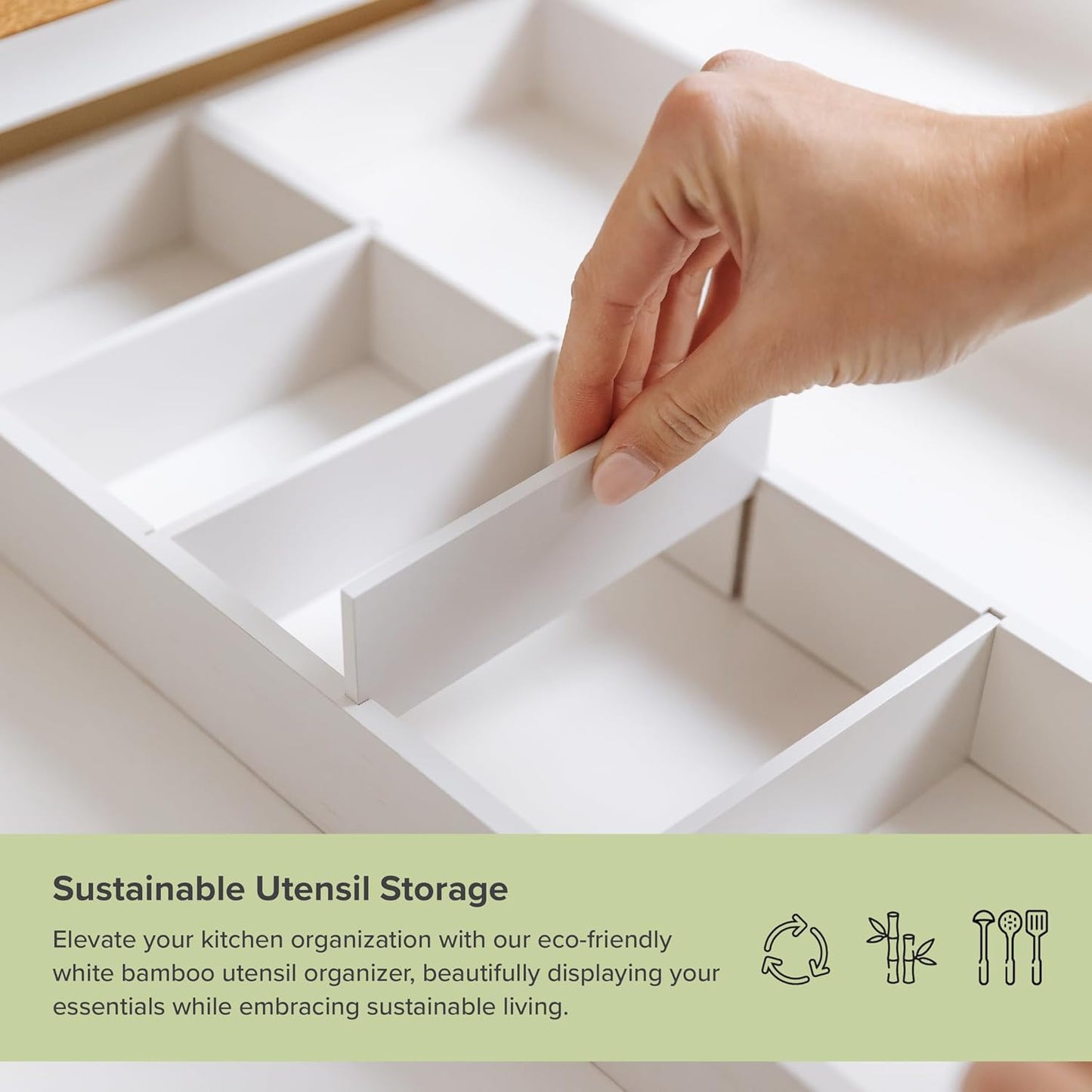 KitchenEdge Adjustable Kitchen Drawer Organizer for Utensils and Junk, Food-Safe Contract Grade with 100% Sustainable Wood, Expandable from 19 to 33 Inches Wide - White Bamboo
