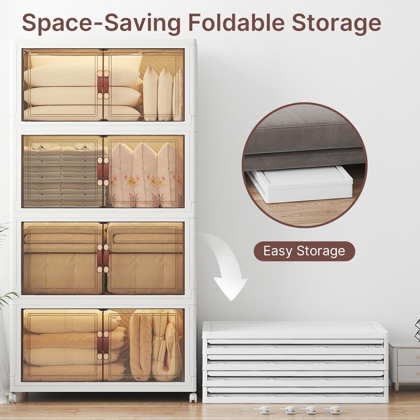 Extra Large Stackable Storage Bins with Lids & Wheels & Door, 660QT-165QT/41GAL*4Pack Foldable Collapsible Closet Organizers, Plastic Containers Drawers for Bedroom Dorm Garage