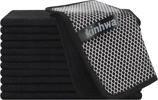 KinHwa Kitchen Washcloths for Dishes Absorbent Microfiber Dish Cloths Quick Dry Dish Rags with Poly Scour Scrub Side Ideal for Kitchen Cleaning (Black, 7inchx7inch 12 Pack)