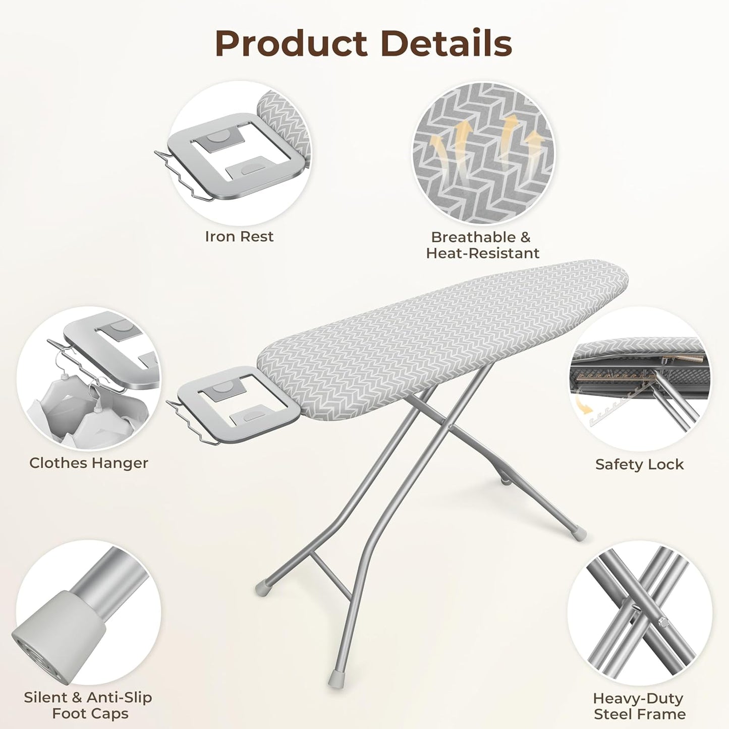 Yaheetech Foldable Ironing Board, Heavy Duty Iron Board with 9 Adjustable Heights, 4 Layer Cover and Safety Iron Rest, 52X14 Compact and Space Save Iron Board for Home Laundry Room Use, Gray&White