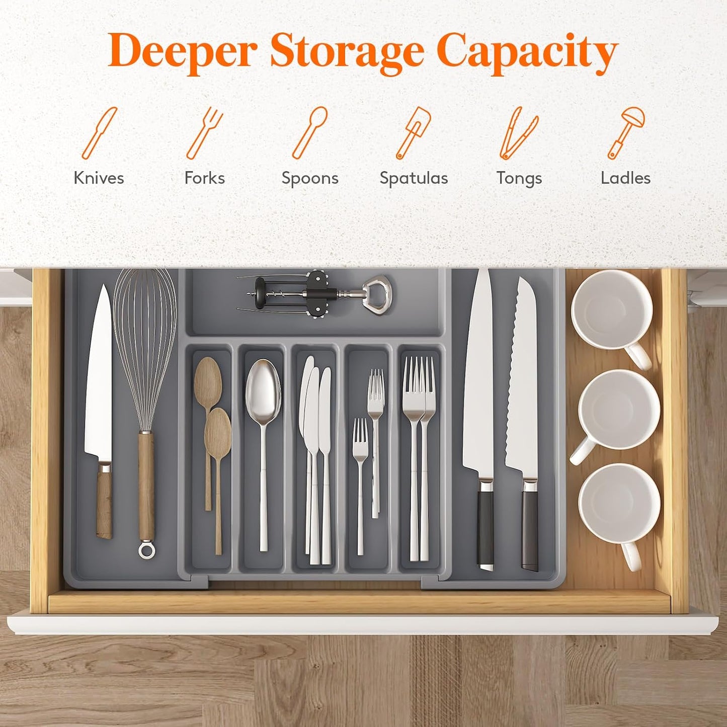 Lifewit Deep Silverware Drawer Organizer for Kitchen, Expandable Utensil Tray, Adjustable Flatware Cutlery Holder, Large Plastic Kitchen Storage for Spoons Forks Knives, 22.4 x 16.7 x 2 inches, Gray