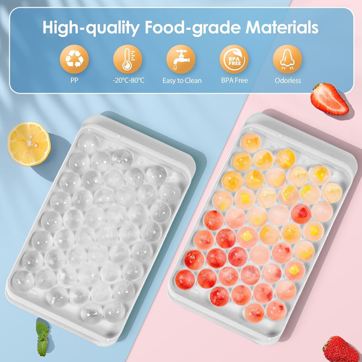 WIBIMEN Ice Cube Tray with Lid and Bin - Round Ice Trays for Freezer with Lid - Ice Cube Trays for Freezer with Ice Container (0.8"-2PACK White)