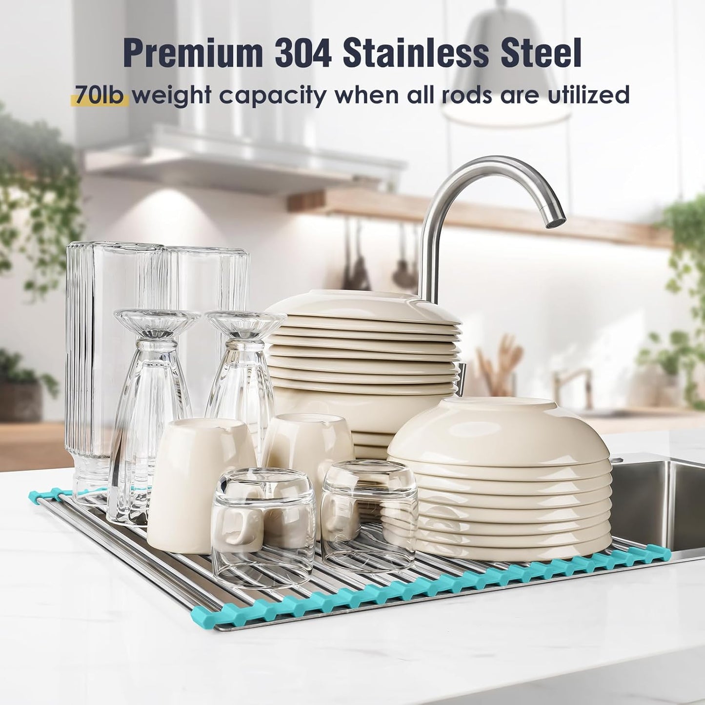 Tomorotec 21" x 15.5" Roll Up Dish Drying Rack Over Sink Drying Rack Sink Cover Kitchen Sink Accessories Gadget Multipurpose Organizer Foldable Stainless Steel Drainer