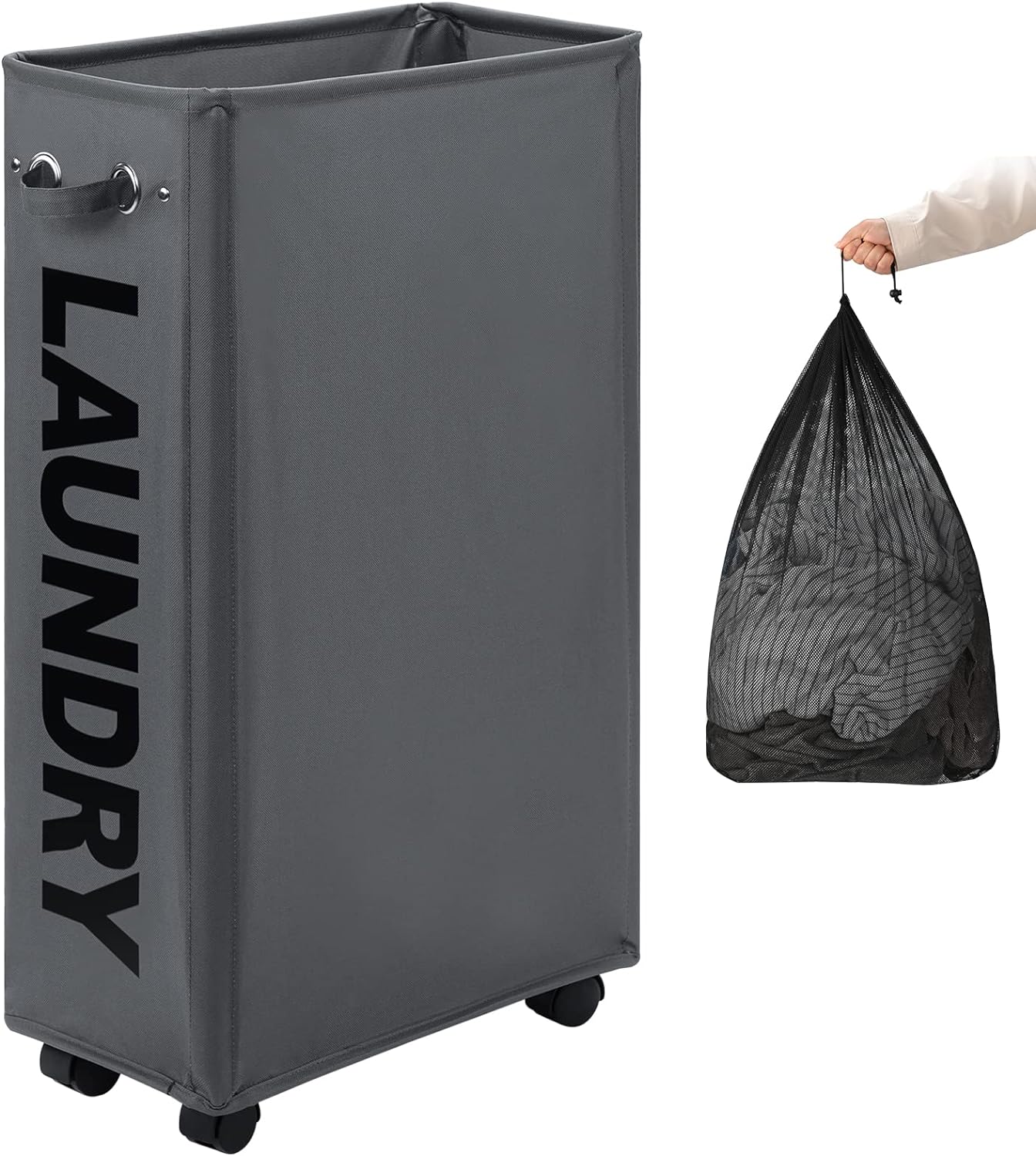 DOKEHOM 29-Inches Enlarged Slim Laundry Basket with Removable Wash Bag on Wheels, Collapsible Rolling Laundry Hamper, Foldable Narrow Corner Clothes Storage Bins (Dark Grey)