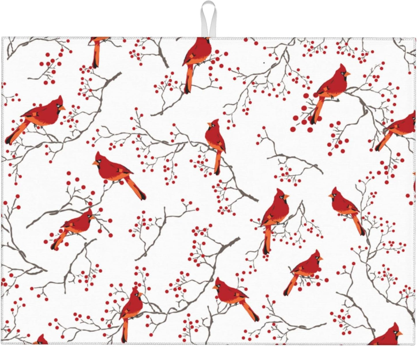 Cardinal Bird Red Berry Decor Microfiber Dish Drying Mat for Kitchen Counter Cute Dishes Pad Dish Drainer Rack Mats 18"x24" Absorbent Washable Reusable Home Holiday Decor