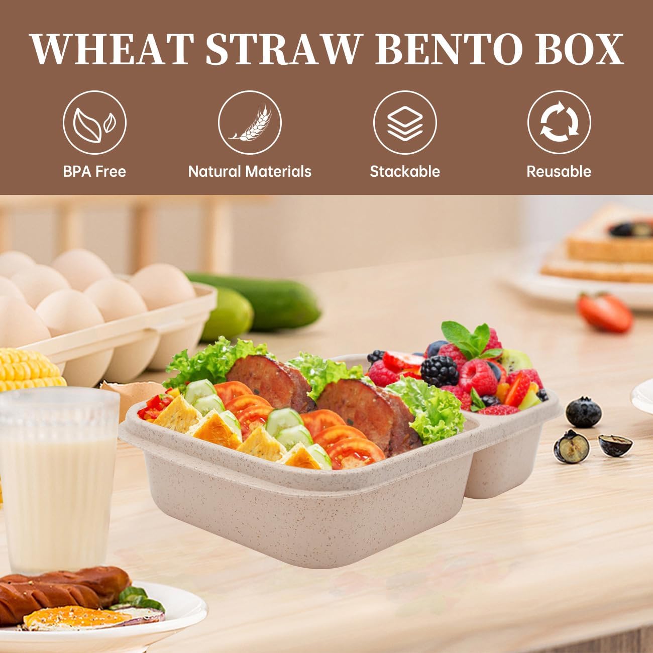 4 pack Bento Lunch Box, 2 Compartments Meal-Prep Containers with Lids, Microwave & Dishwasher Safe, Reusable Divided Food Food Storage Containers -Stackable for Travel, School and Work