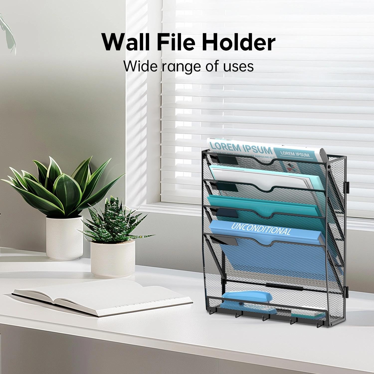 JMHUD 5-Tier Wall File Organizer and Mail Organizer with 5 Hooks, Black