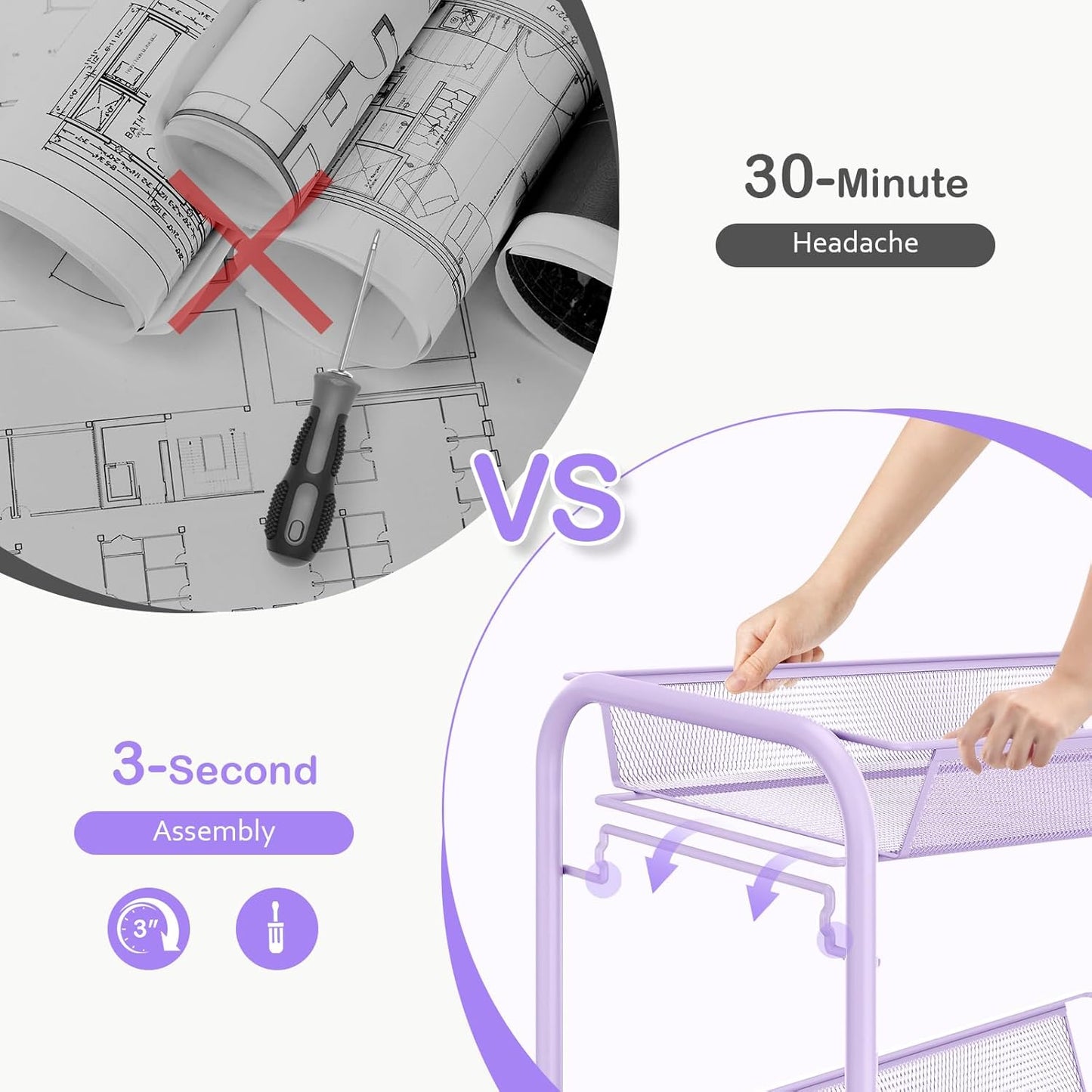 TOOLF 4-Tier Rolling Cart, Metal Utility Cart with 3 Hooks, Easy Assemble Mobile Storage Trolley On Wheels, Metal Shelving Units Kitchen Bathroom Laundry Room