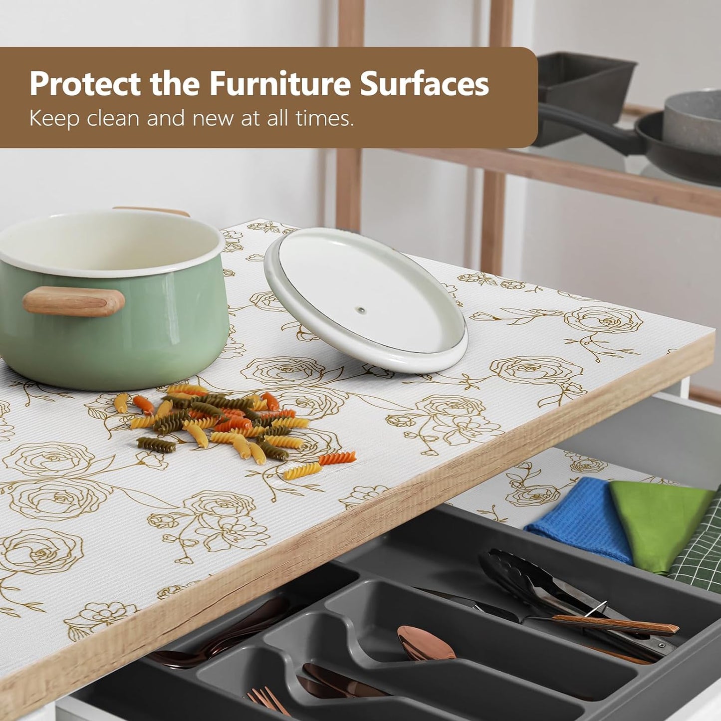 Shelf Cabinet Liner for Kitchen- Non Adhesive 17.5In x 20FT Drawer Liner Refrigerator Liner, Premium Waterproof Shelf Paper Protect Surface, Non Slip Easy to Clean Durable EVA Material, Gold Roses