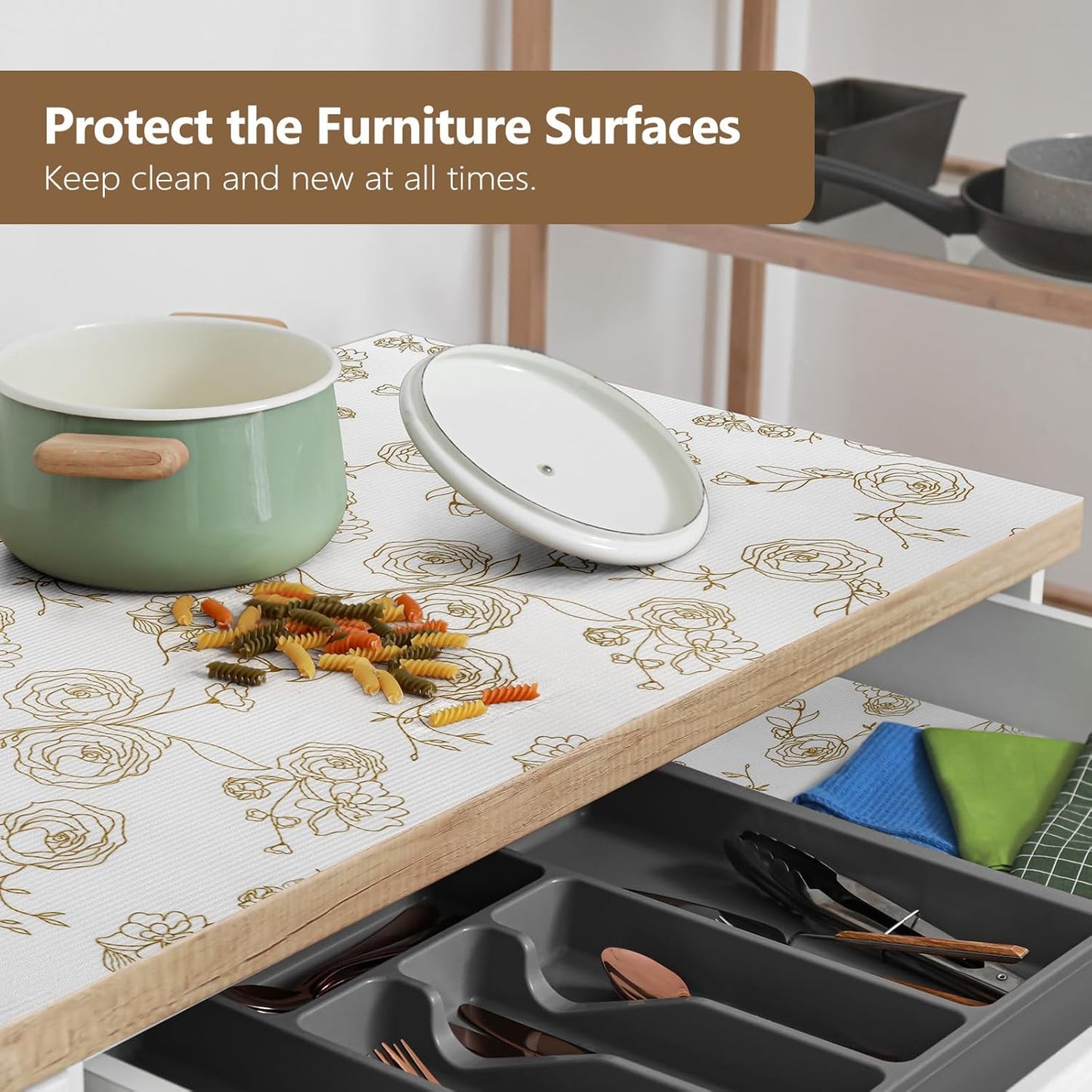 Shelf Cabinet Liner for Kitchen- Non Adhesive Drawer Liner Refrigerator Liner, Premium Waterproof Shelf Paper Protect Surface, Non Slip Easy to Clean Durable EVA Material, Gold Roses, 11.8 in x 10FT