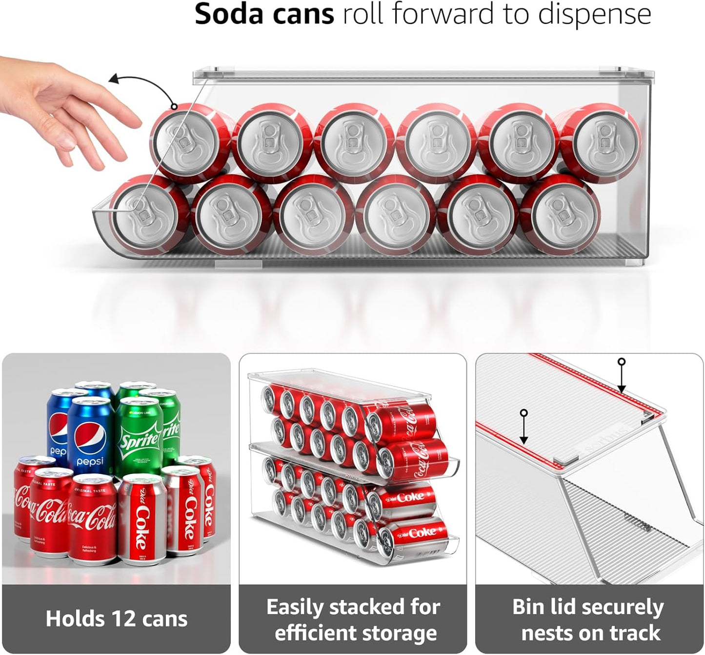 Sorbus Soda Can Organizer for Refrigerator Stackable Can Holder Dispenser with Lid for Fridge, Pantry, Freezer – Holds 12 Cans Each, BPA-Free, Clear Design, (2-Pack)