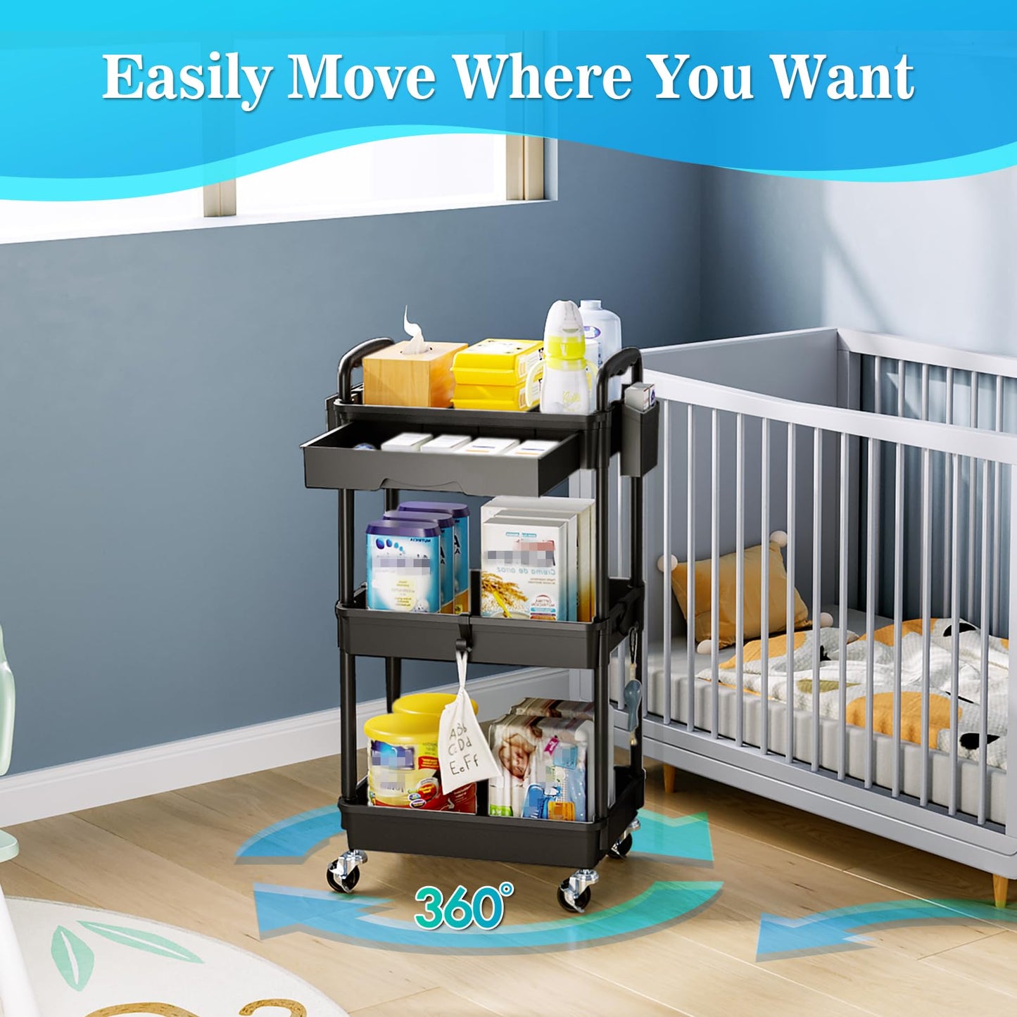 SUNALLY 3 Tier Rolling Cart with Drawer, Craft Storage Cart Organizer,Black