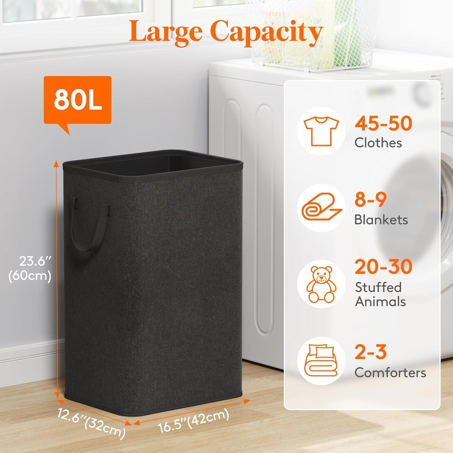 Lifewit 80L Large Tall Laundry Hamper, Collapsible Laundry Basket with Handles, Foldable Clothes Hampers for Laundry, Portable Dirty Clothes Hamper for Dorm College Bedroom Bathroom, Black