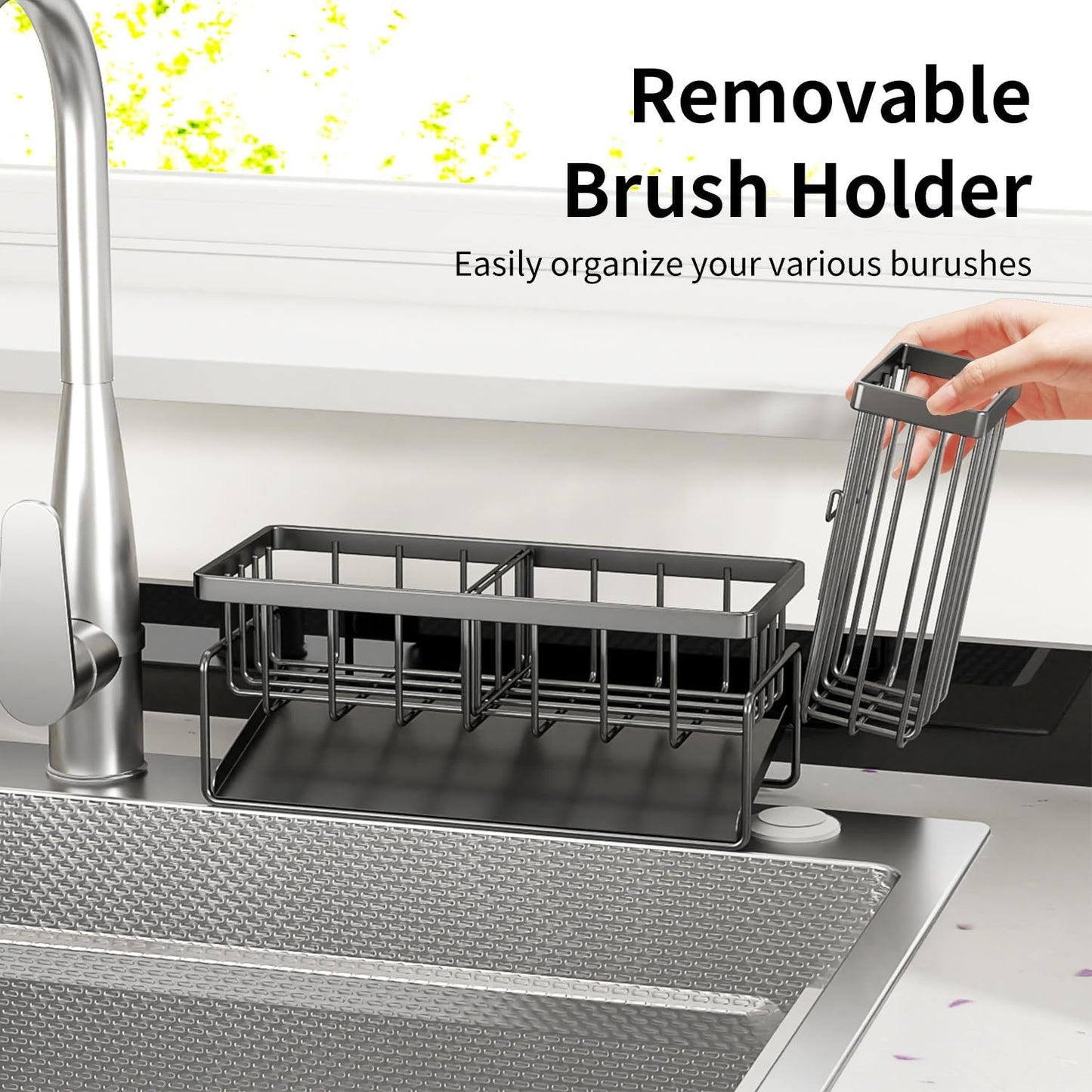 Sponge Holder & Sink Caddy Organizer - Rustproof Kitchen Sink Organizer with High Brush Holder - Kitchen Essentials Countertop Storage Organization (Carbon Black)