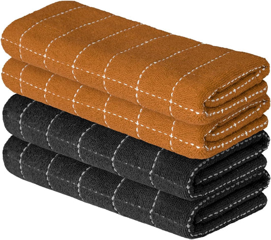 Artoid Mode Checkered Designed Cotton Black Caramel Terry Kitchen Dish Towels, 15x25 Inch Soft Absorbent Quick Drying Cleaning Tea Towels Set of 4