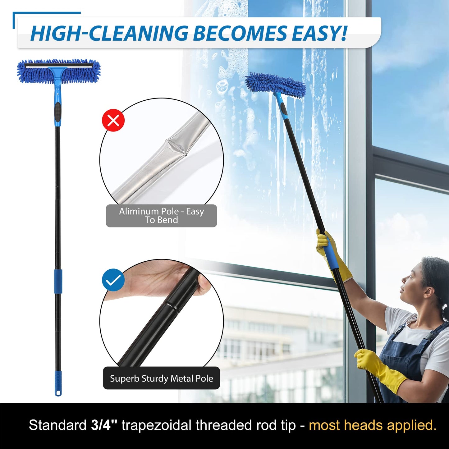 VITEVER Professional 69'' Window Squeegee Cleaner Tool with Extension Pole, 2-in-1 Squeegee for