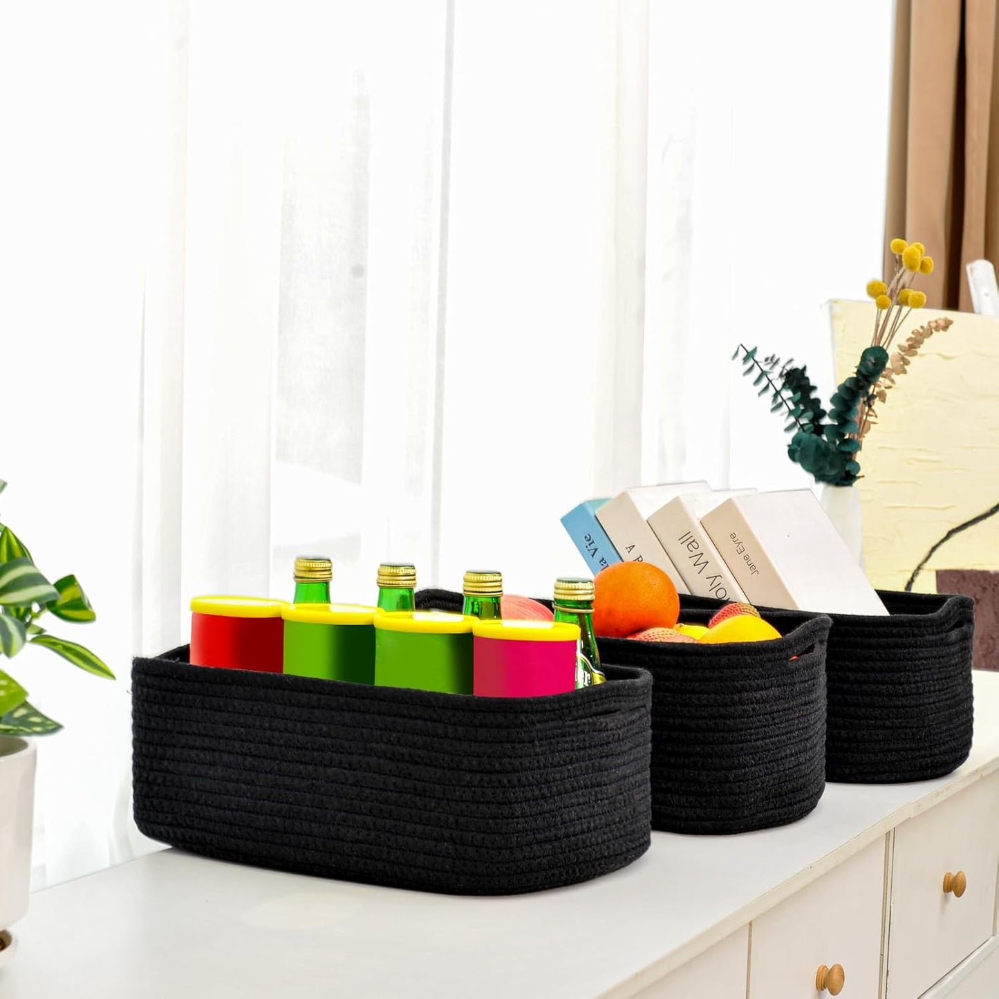 Small Black Baskets for Organizing, Storage Baskets for Shelves, Small Woven Cotton Rope Basket for Storage, Basket for Gifts Empty, 13"×8.5"×5.1" (3 Packs) Black