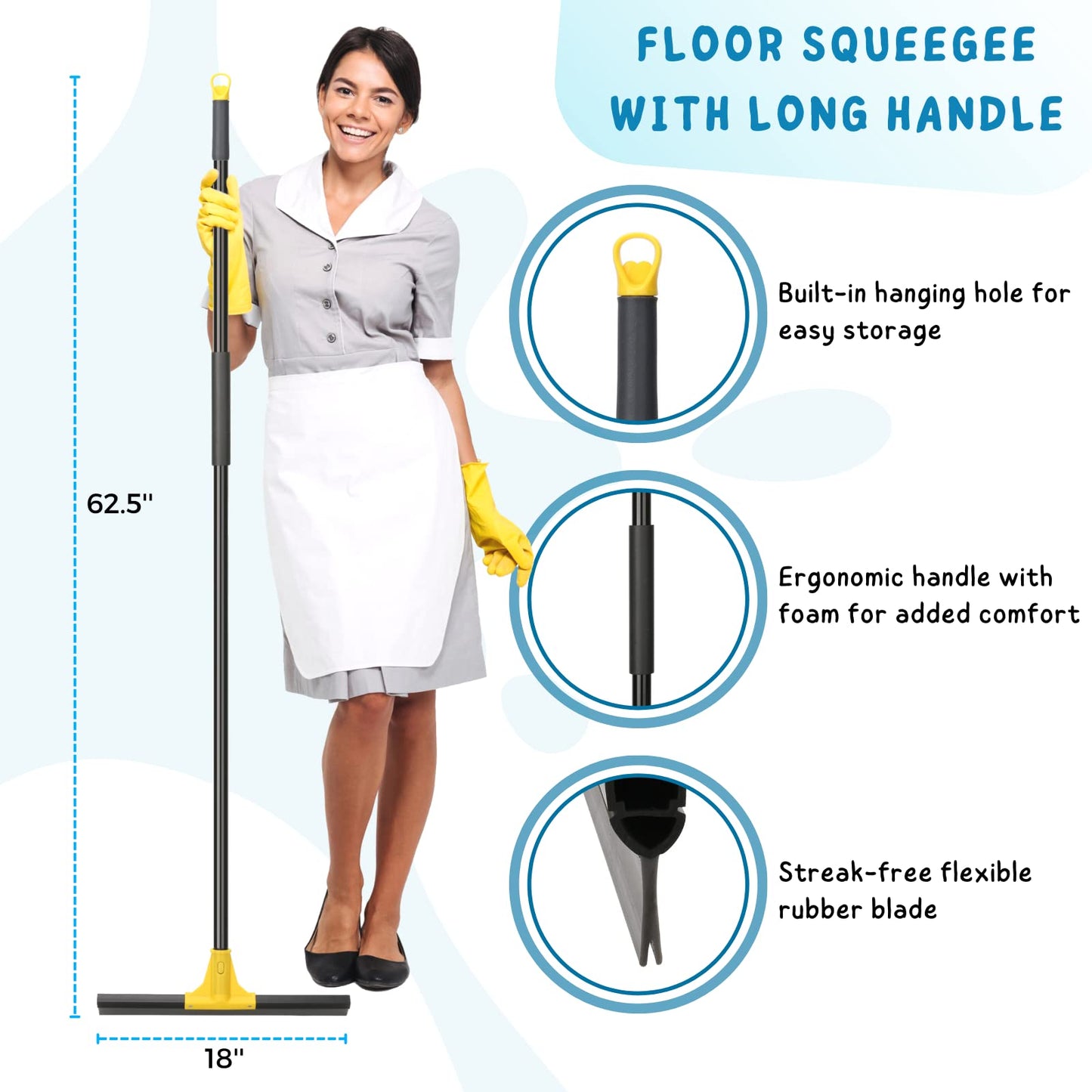 Squeegee Broom for Floor, 18'' Heavy Duty Rubber Wiper with 60'' Long Handle for Bathroom Tile