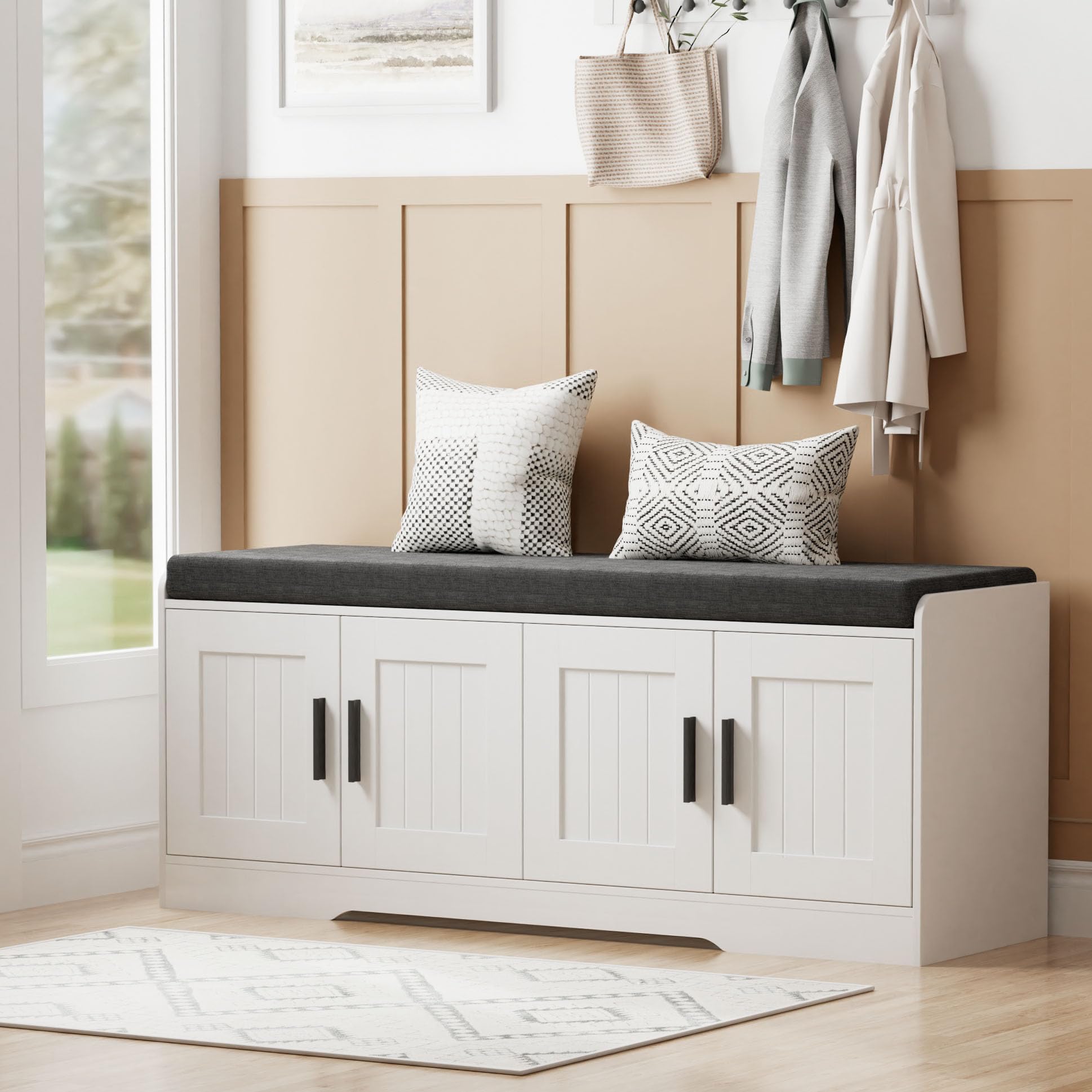 Homleke Shoe Storage Bench, 4 Doors & Thickened Padded Seat Cushion