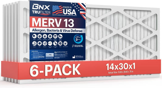 BNX TruFilter 14x30x1 Air Filter MERV 13 (6-Pack) - MADE IN USA - Electrostatic Pleated Air