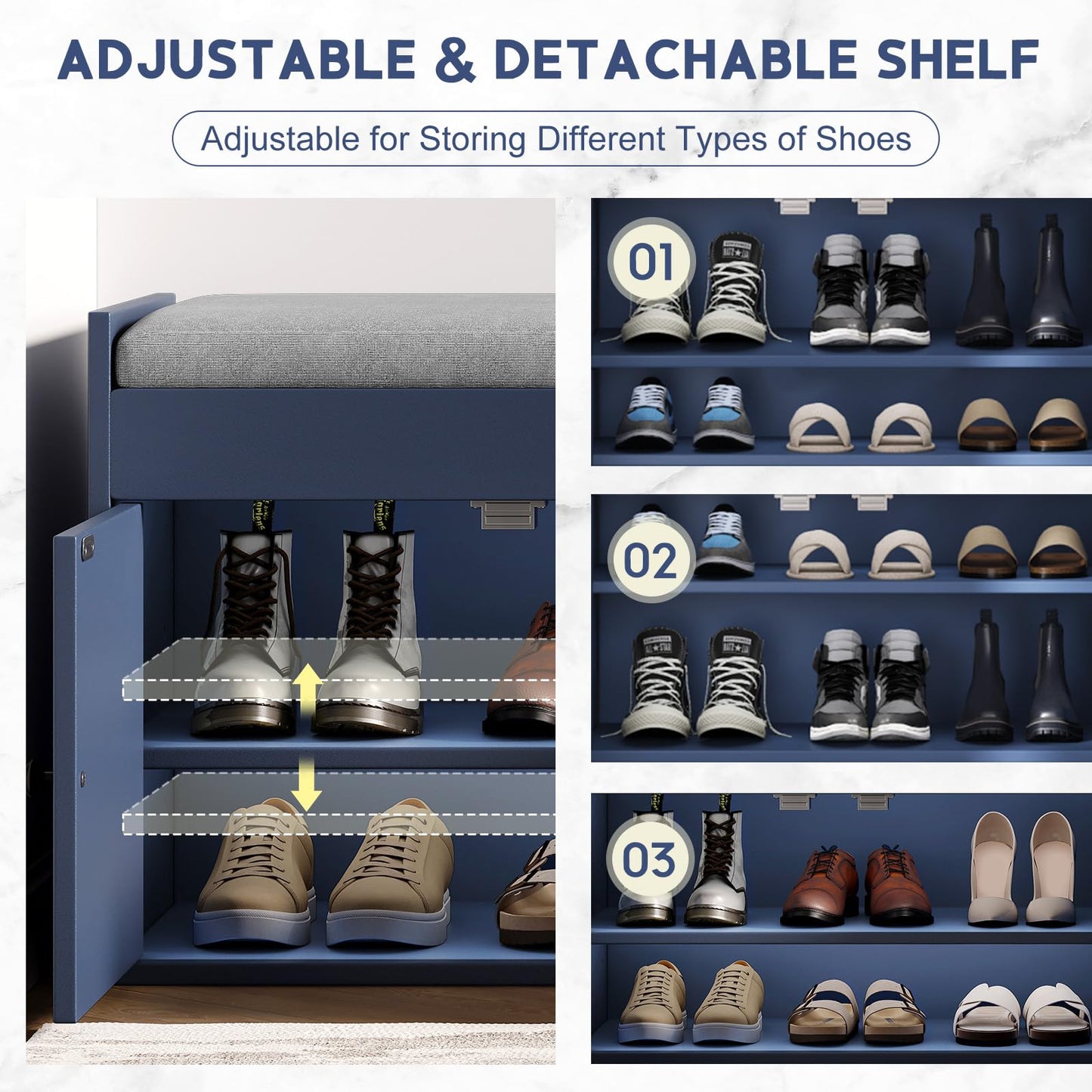 HOTAMO 42.6" Storage Bench - Shoe Storage Bench with Side Storage Shelves and 3 Doors