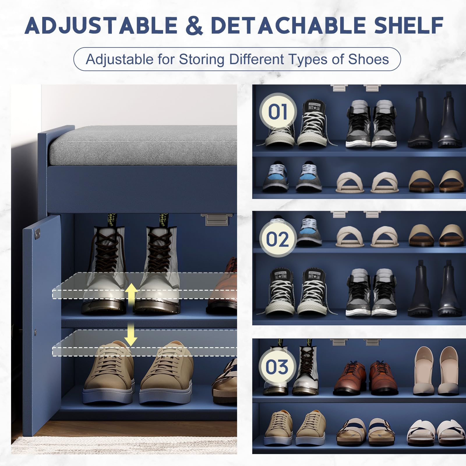HOTAMO 42.6" Storage Bench - Shoe Storage Bench with Side Storage Shelves and 3 Doors